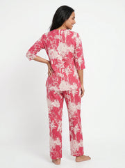 Pink Round Neck Tropical Print Pure Cotton Night Suit For Women