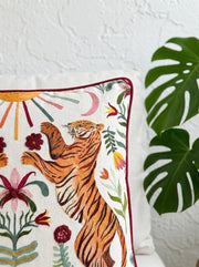 Multi Velvet Square Tiger & Floral Embroidered Cushion Cover