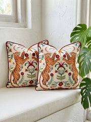 Multi Velvet Square Tiger & Floral Embroidered Cushion Cover