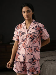 Pink Floral Print Shirt Collar Pure Cotton Night Suit Set for Women