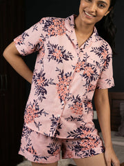 Pink Floral Print Shirt Collar Pure Cotton Night Suit Set for Women