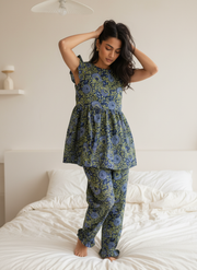 Green Round Neck Floral Print Pure Cotton Night Suit Set For Women