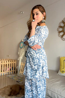 Blue & White Printed Loungewear Set - SanskrutiHomes 