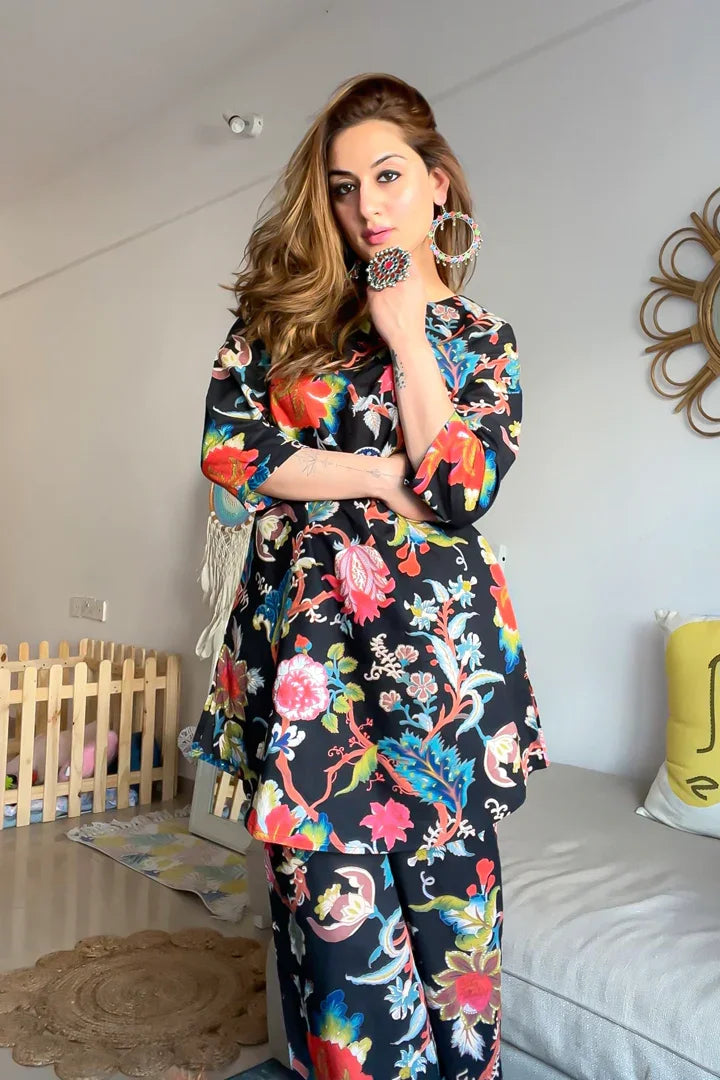 Black floral print loungewear set - SanskrutiHomes 