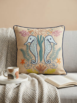 Beige Cotton Square Embroidered Cushion Cover With Seahorse Motif