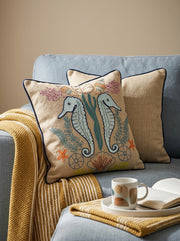 Beige Cotton Square Embroidered Cushion Cover With Seahorse Motif