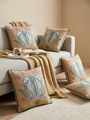 Beige Cotton Square Embroidered Cushion Cover With Seahorse Motif
