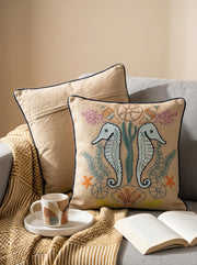 Beige Cotton Square Embroidered Cushion Cover With Seahorse Motif