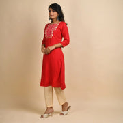 Rangdeep Women Rayon Red Embroidered Straight Kurti