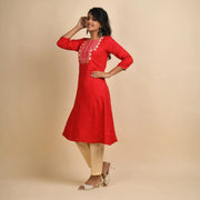 Rangdeep Women Rayon Red Embroidered Straight Kurti