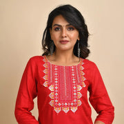 Rangdeep Women Rayon Red Embroidered Straight Kurti