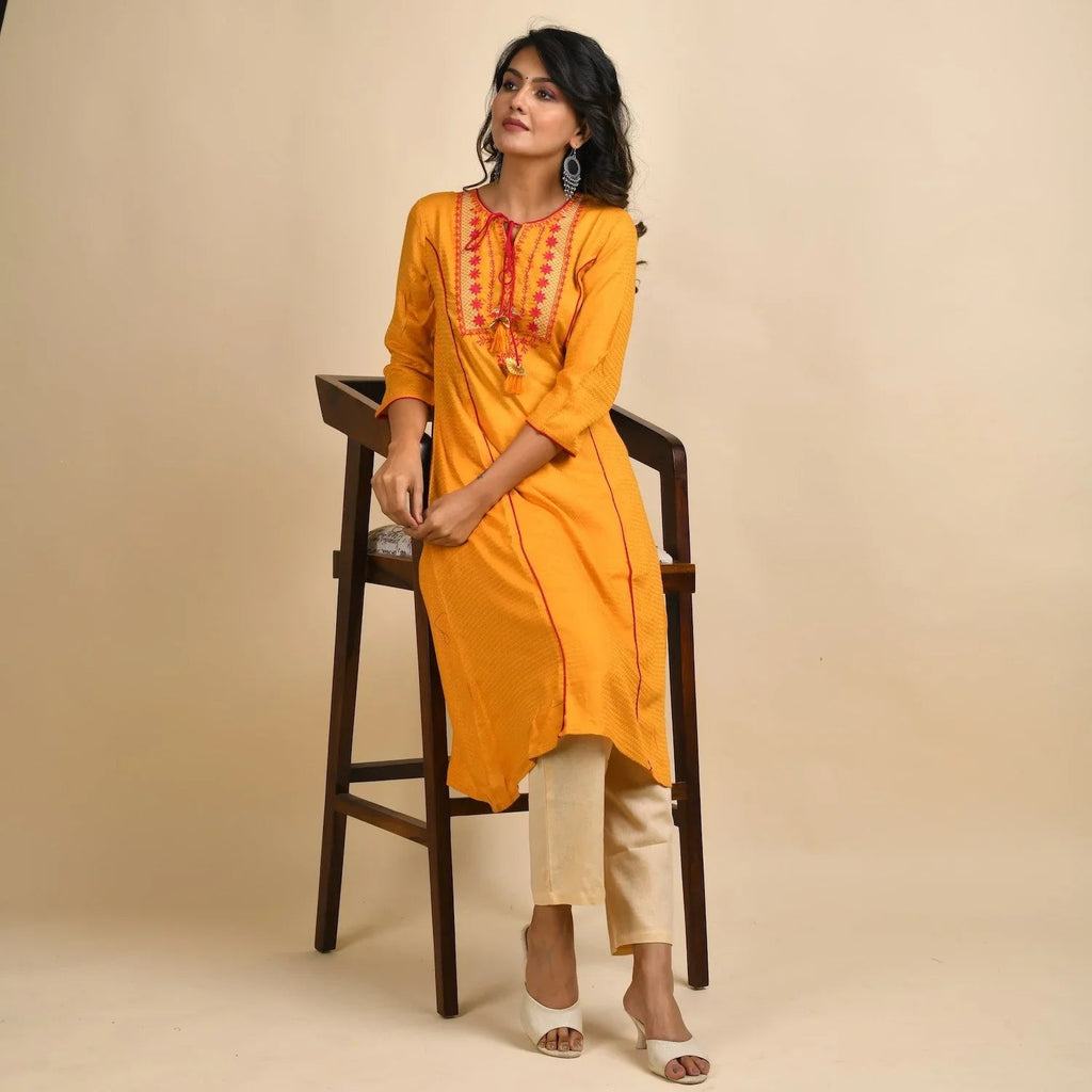 RangDeep Women Rayon Yellow Embroidered Straight Kurti - SanskrutiHomes 
