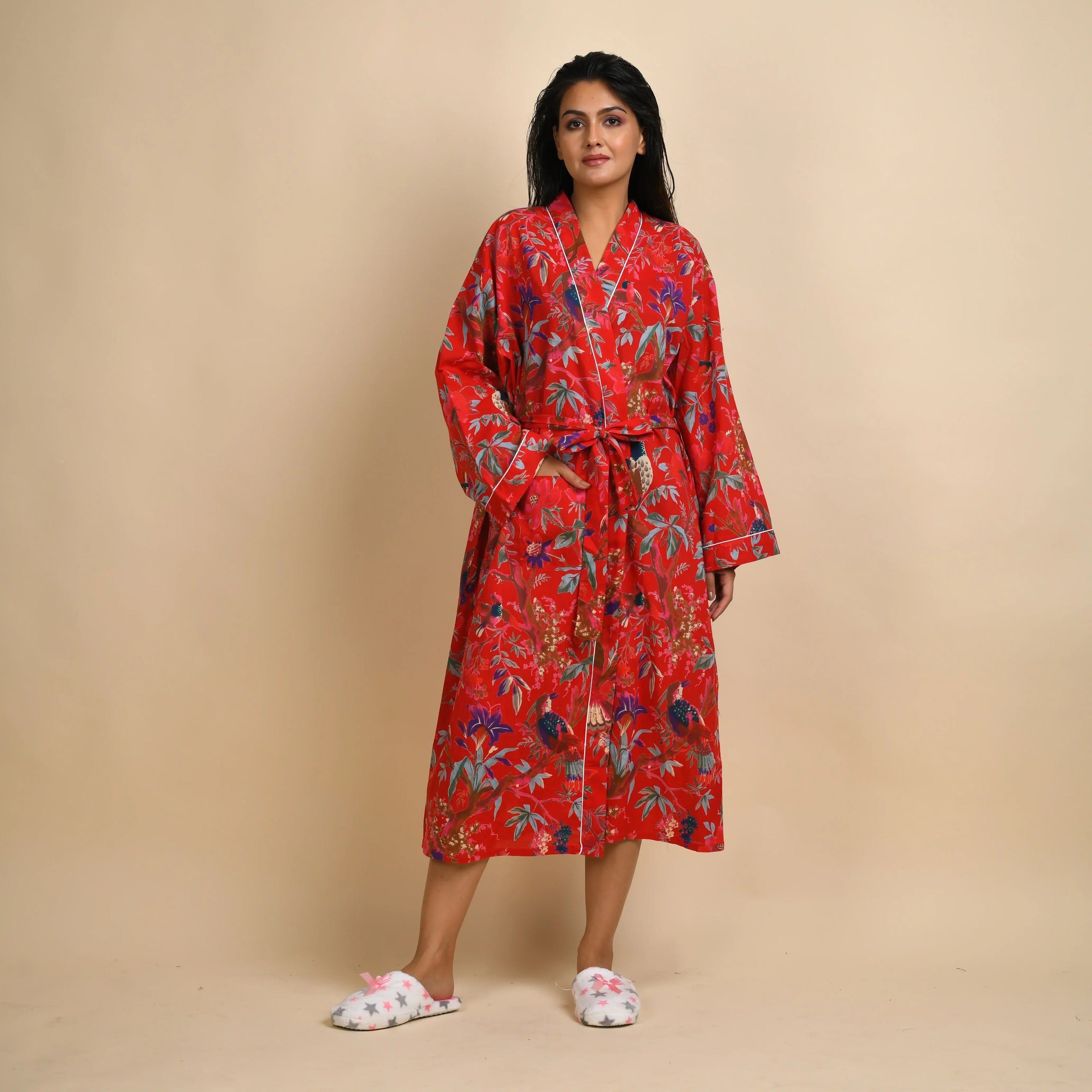 Red Pure Cotton kimono robe - SanskrutiHomes 