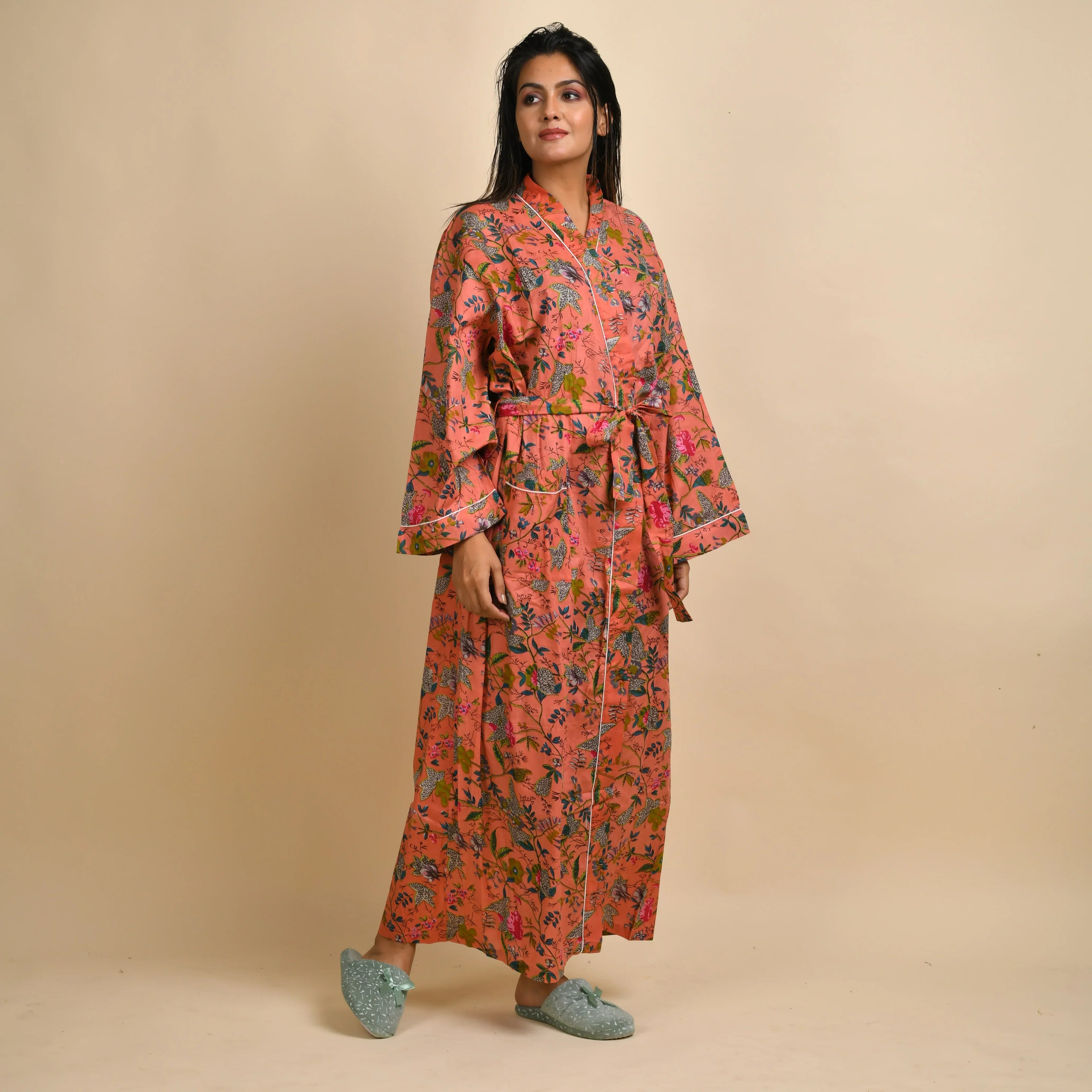Peach Pure Cotton kimono robe - SanskrutiHomes 