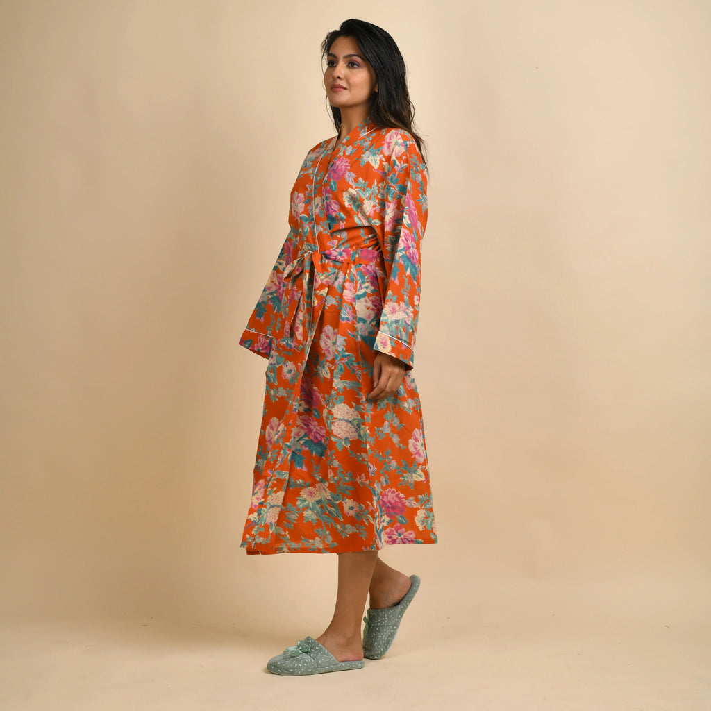 Orange Pure Cotton Hand printed kimono robe - SanskrutiHomes 