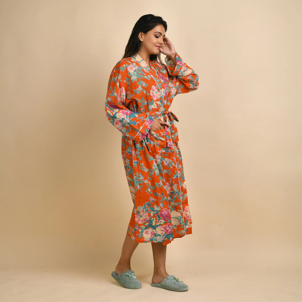 Orange Pure Cotton Hand printed kimono robe - SanskrutiHomes 