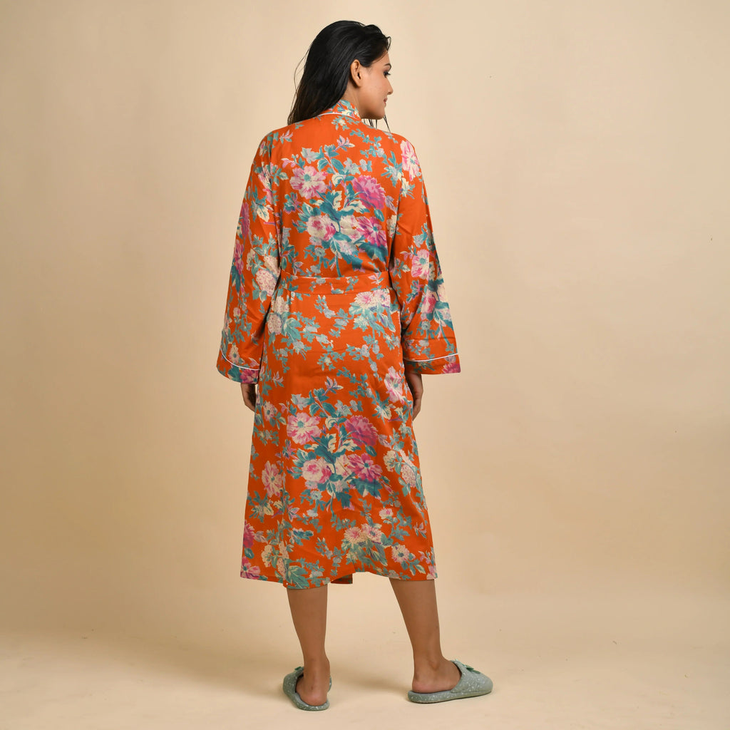 Orange Pure Cotton Hand printed kimono robe - SanskrutiHomes 