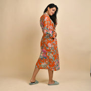 Orange Pure Cotton Hand printed kimono robe - SanskrutiHomes 