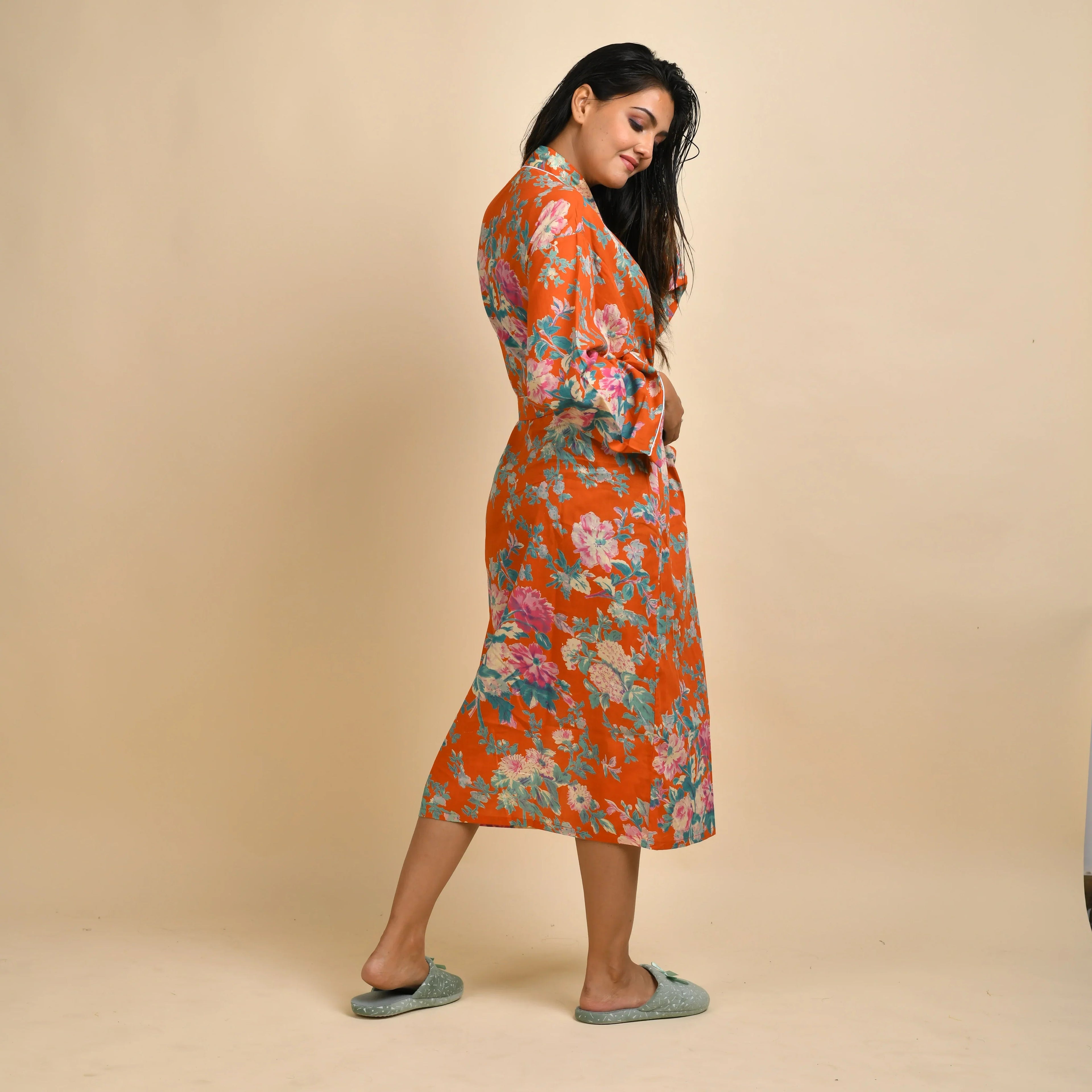 Orange Pure Cotton Hand printed kimono robe - SanskrutiHomes 