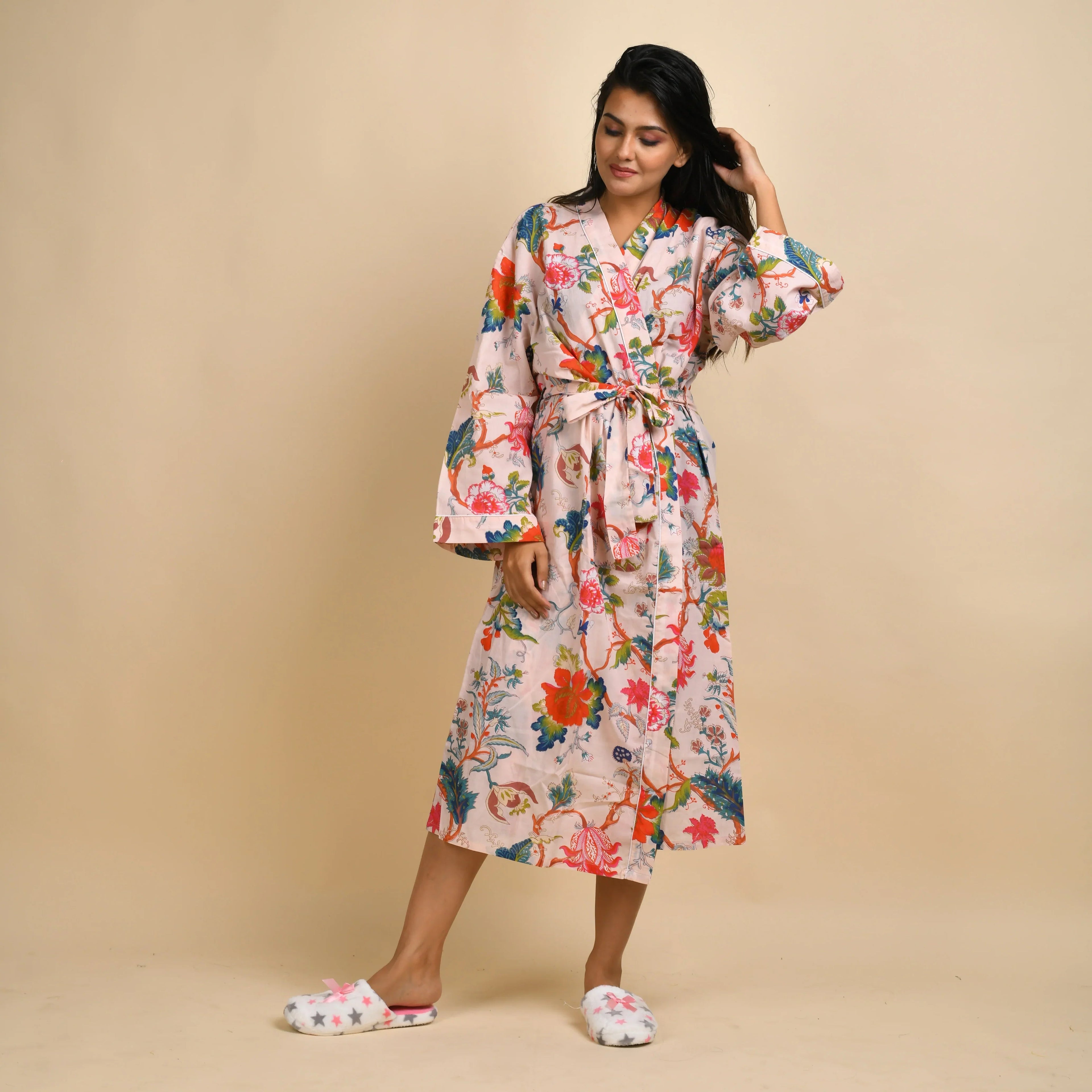 Multi-colour Pure Cotton kimono robe - SanskrutiHomes 