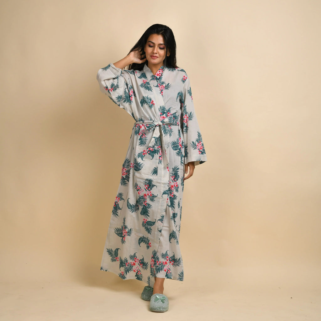 Hand printed Leaf Cotton kimono robe - SanskrutiHomes 