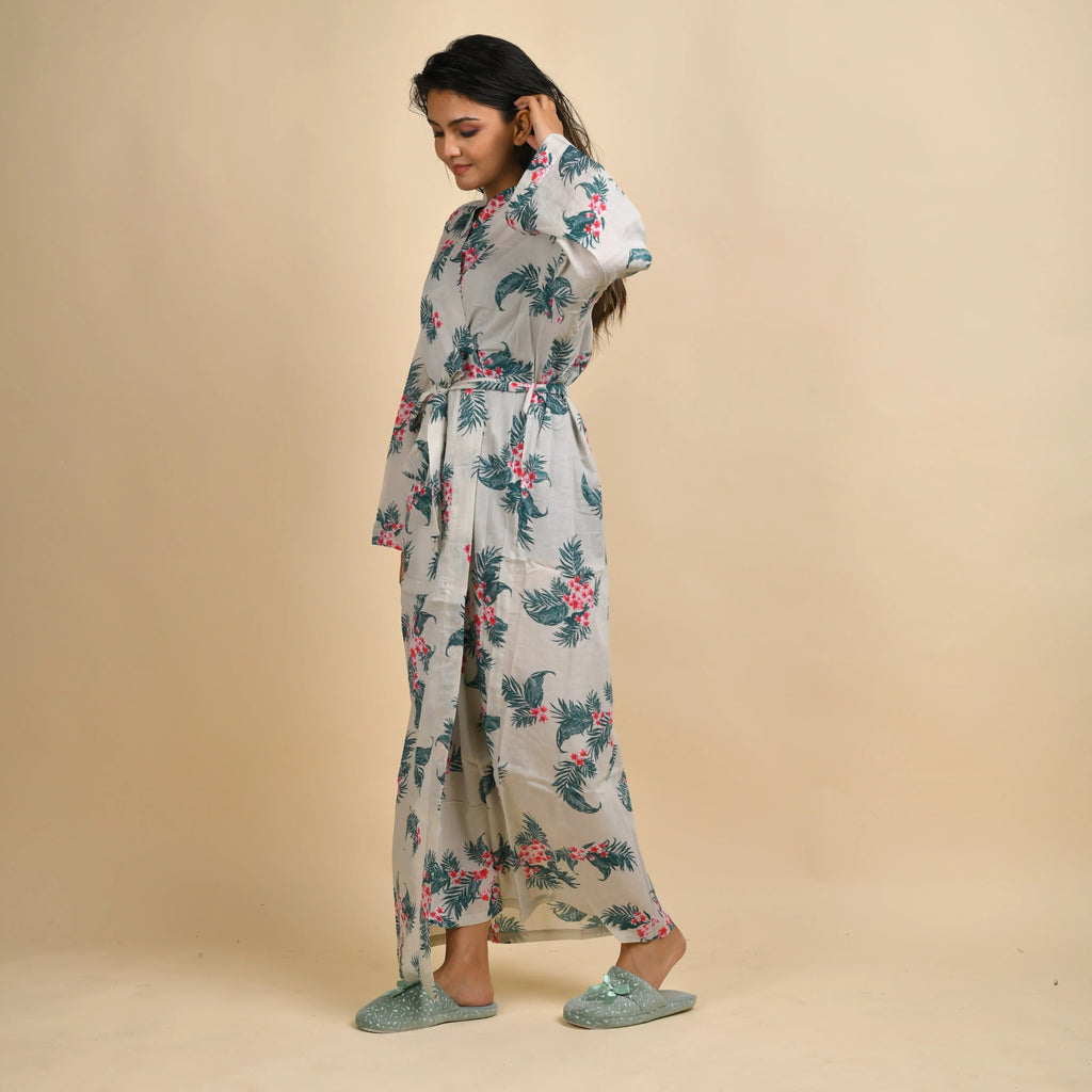 Hand printed Leaf Cotton kimono robe - SanskrutiHomes 