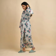 Hand printed Leaf Cotton kimono robe - SanskrutiHomes 