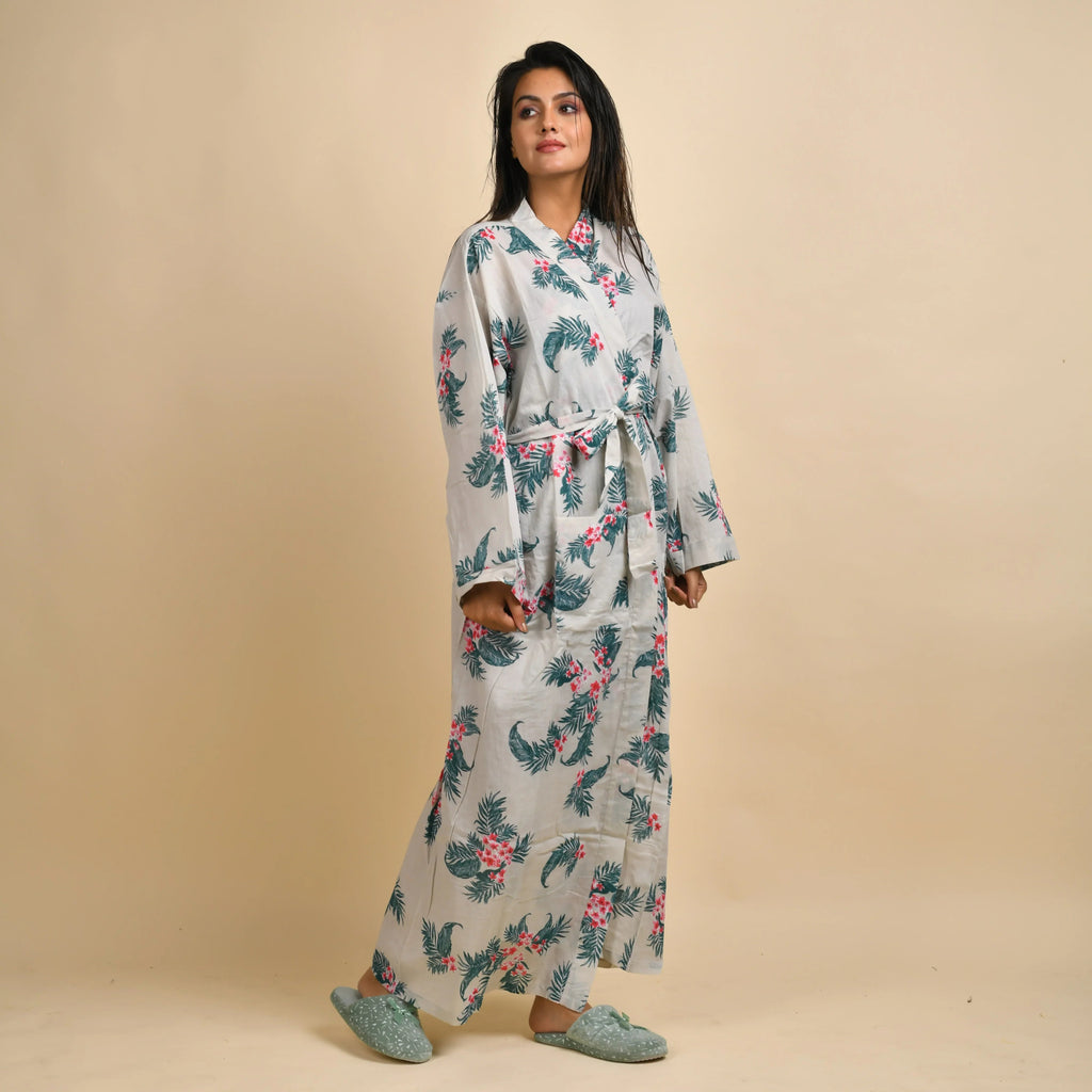 Hand printed Leaf Cotton kimono robe - SanskrutiHomes 