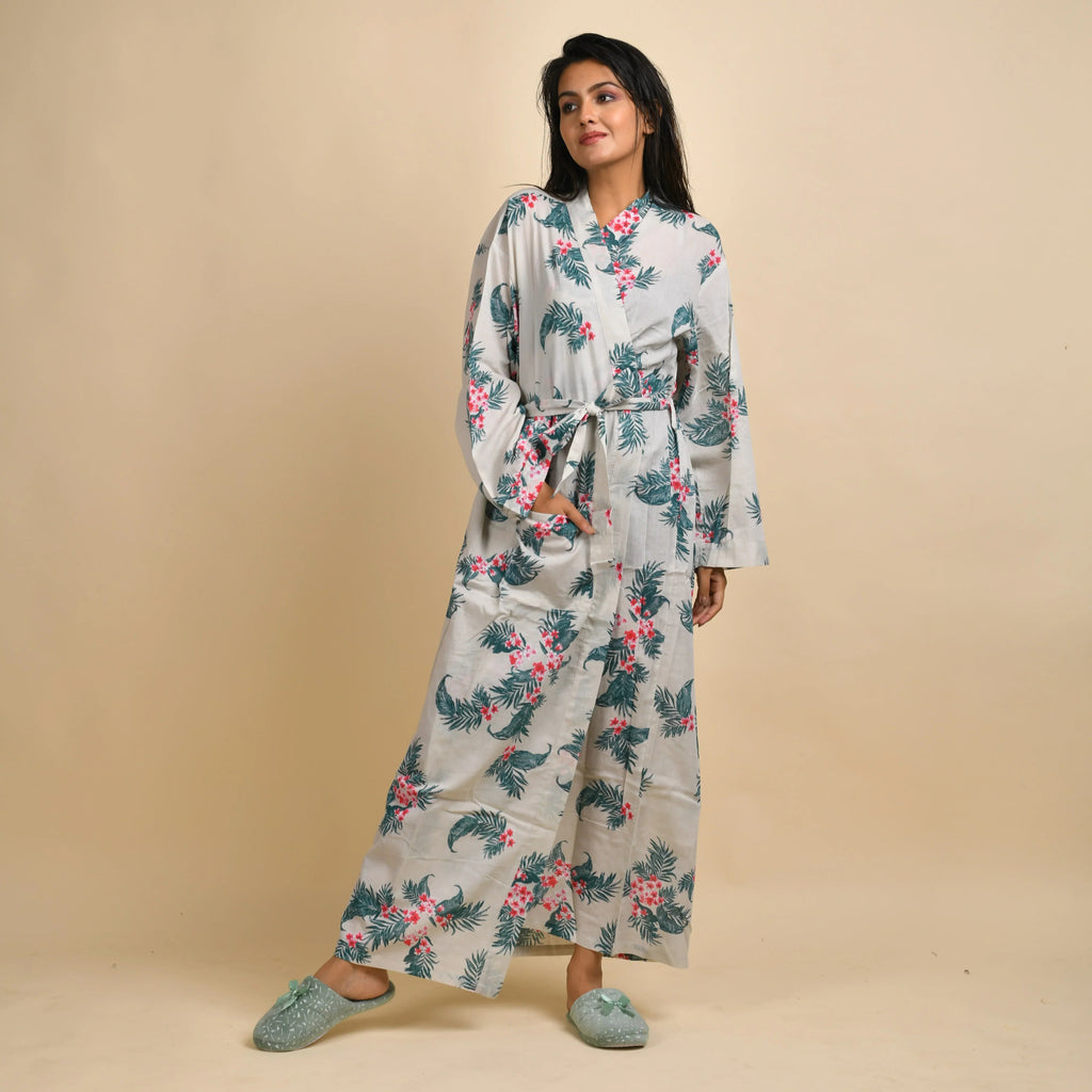 Hand printed Leaf Cotton kimono robe - SanskrutiHomes 