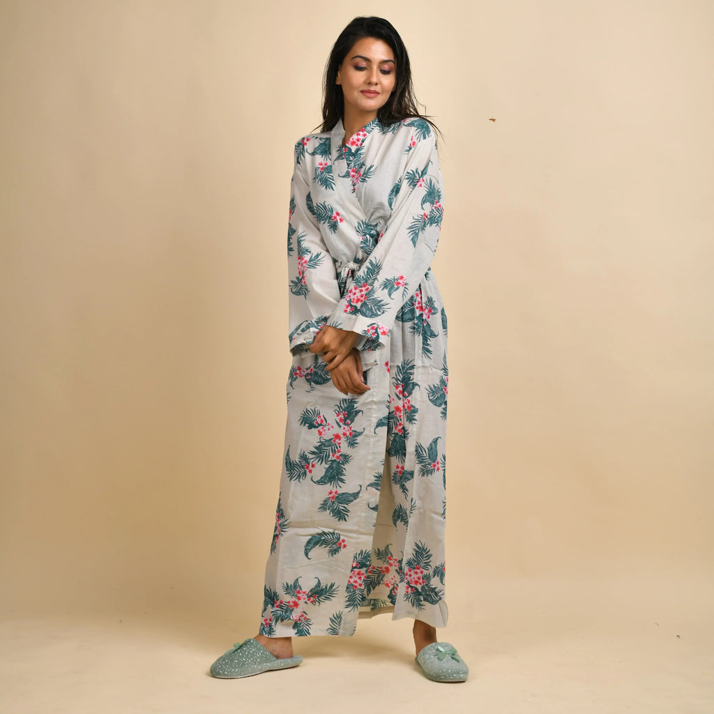 Hand printed Leaf Cotton kimono robe - SanskrutiHomes 