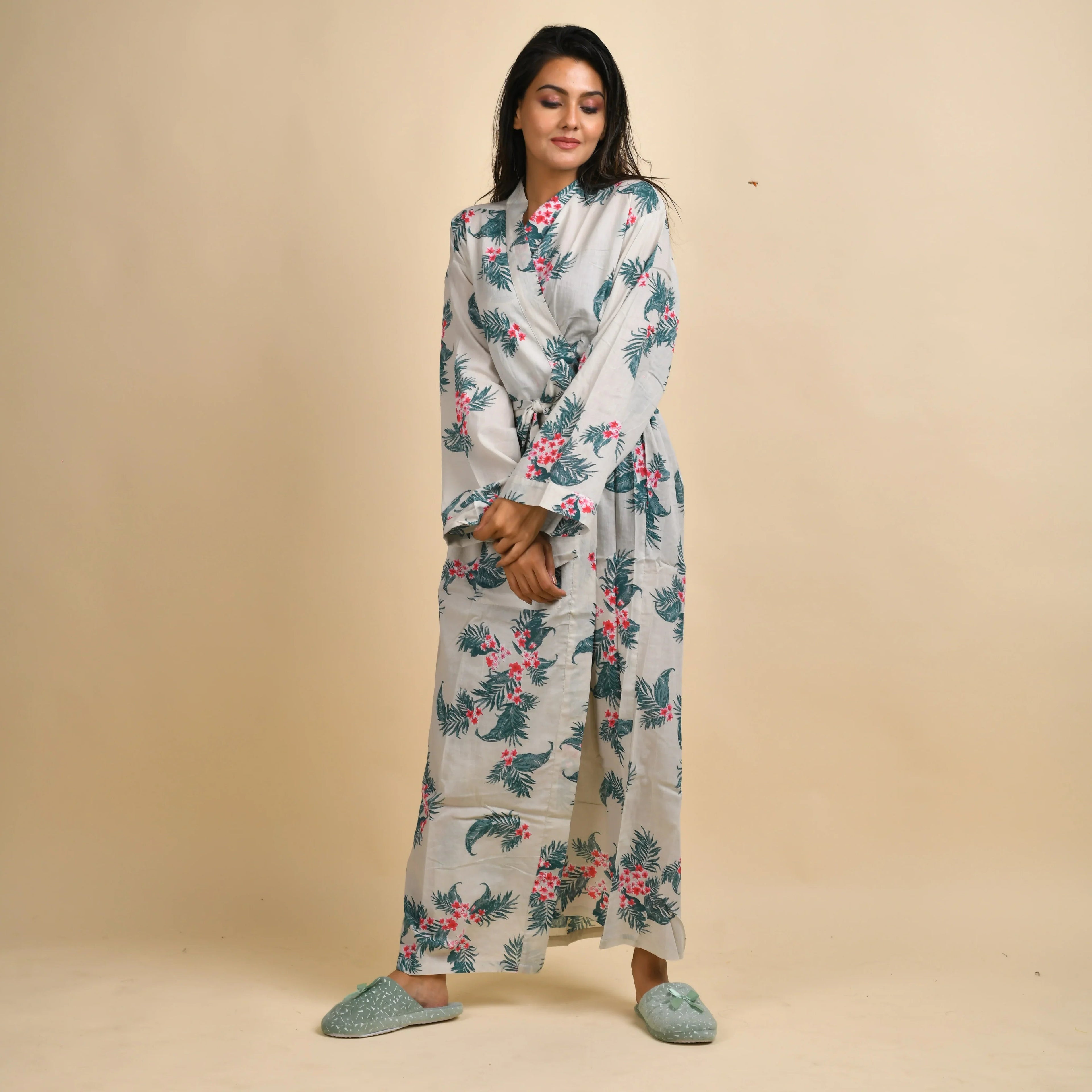 Hand printed Leaf Cotton kimono robe - SanskrutiHomes 
