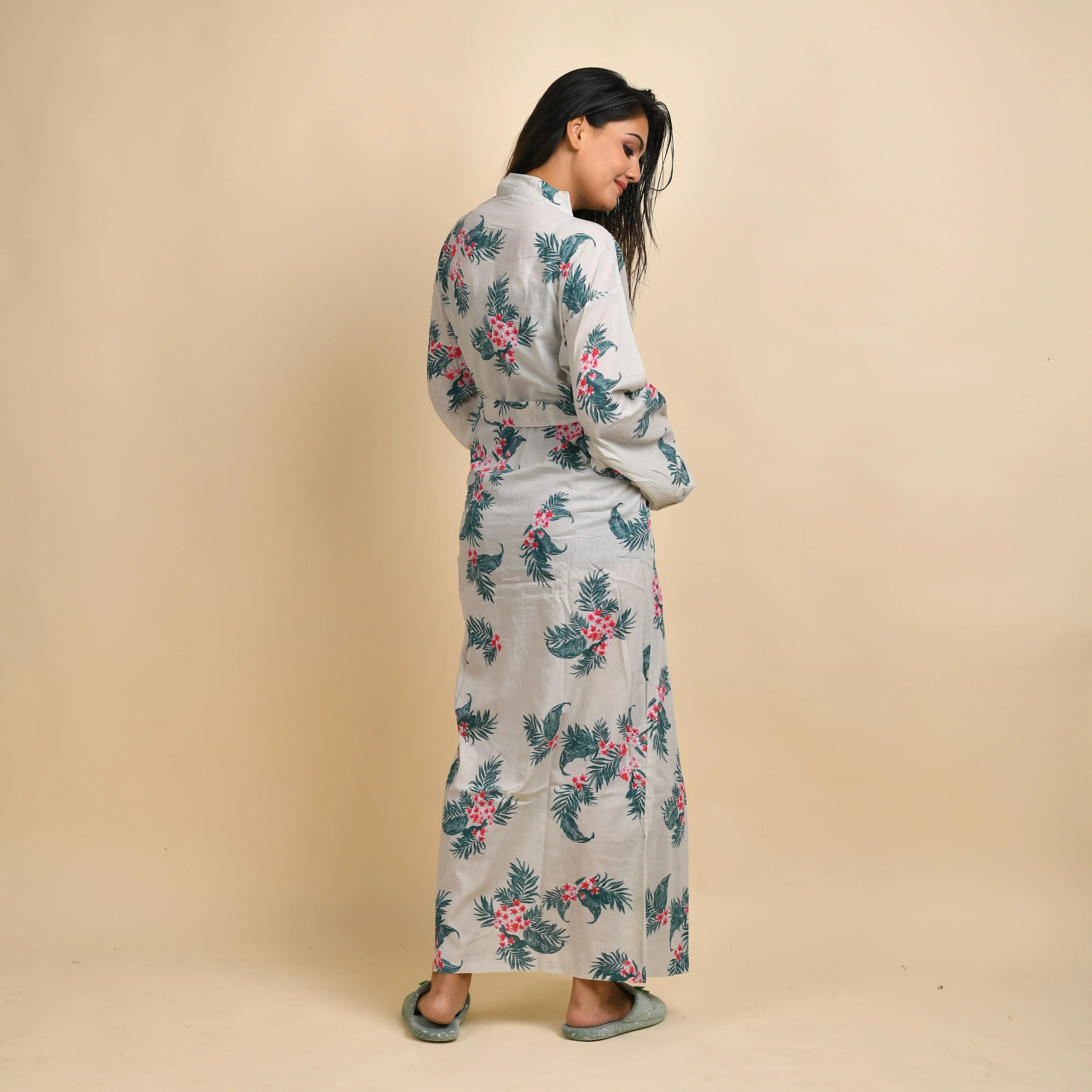 Hand printed Leaf Cotton kimono robe - SanskrutiHomes 
