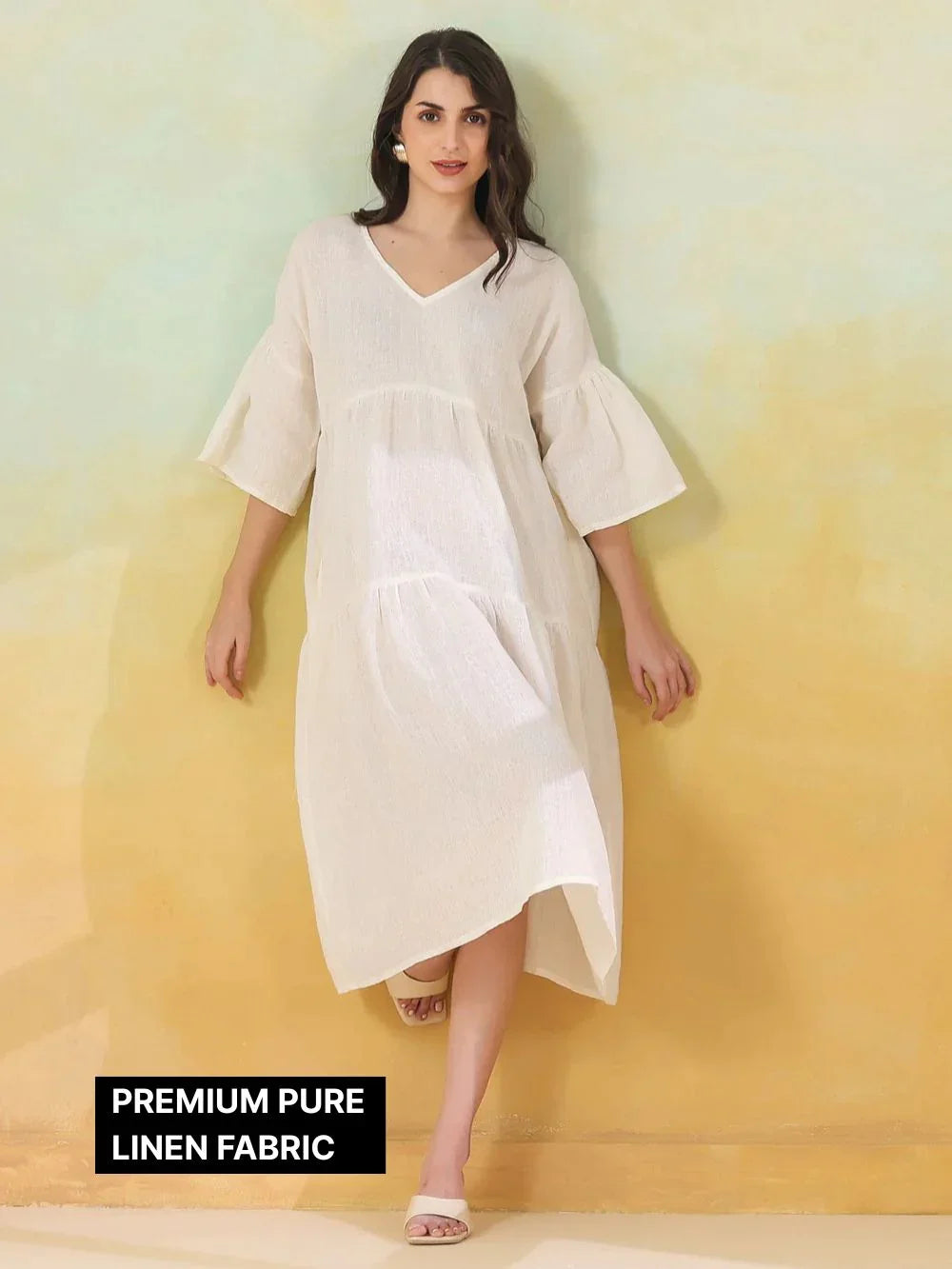 White Solid Cotton Linen Blend Dress for Women - SanskrutiHomes 