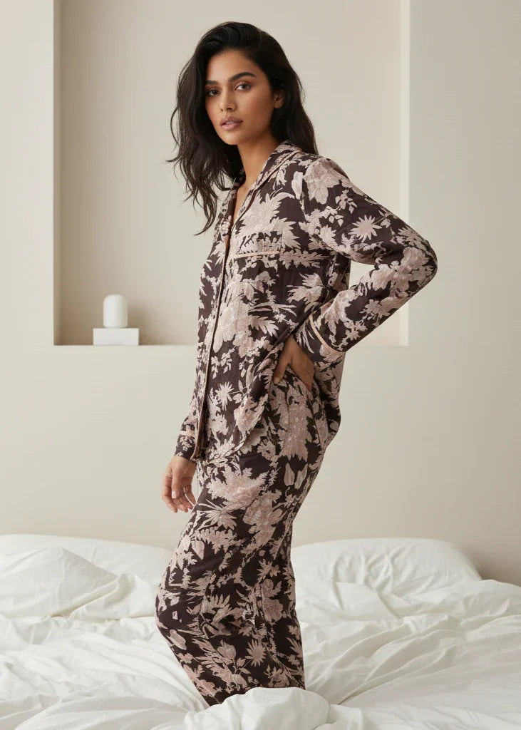 Brown Floral Print Shirt Collar Cotton Night Suit Set for Women - SanskrutiHomes 