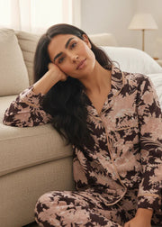 Brown Floral Print Shirt Collar Cotton Night Suit Set for Women - SanskrutiHomes 