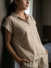 Beige Animal Print Shirt Collar Pure Cotton Night Suit Set for Women