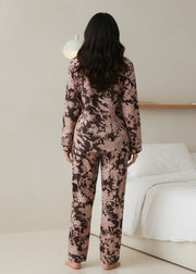 Brown Floral Print Shirt Collar Cotton Night Suit Set for Women - SanskrutiHomes 