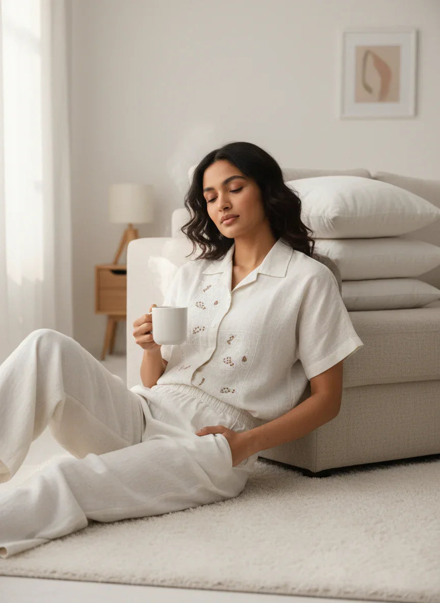 Grey Embroidered Shirt Collar Pure Cotton Night Suit Set for Women - SanskrutiHomes 