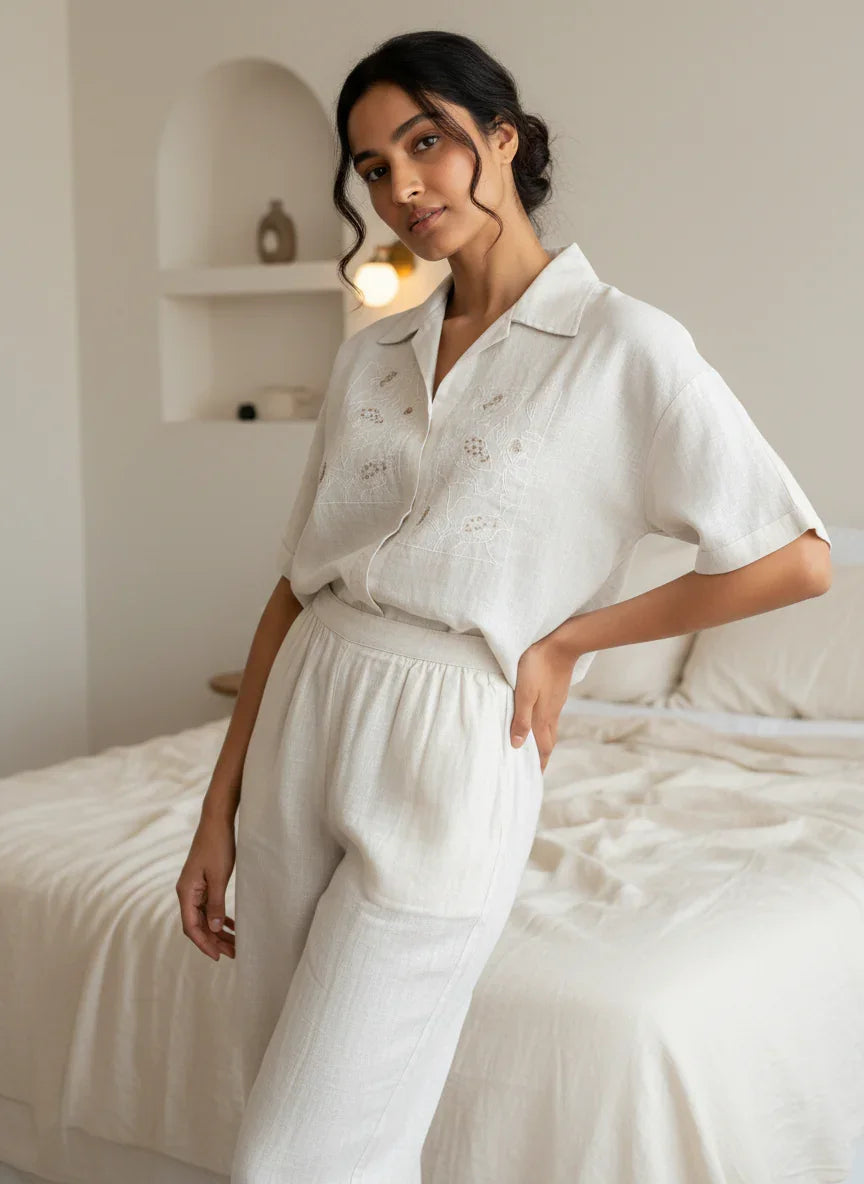 Grey Embroidered Shirt Collar Pure Cotton Night Suit Set for Women - SanskrutiHomes 