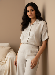Grey Embroidered Shirt Collar Pure Cotton Night Suit Set For Women