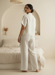 Grey Embroidered Shirt Collar Pure Cotton Night Suit Set for Women - SanskrutiHomes 