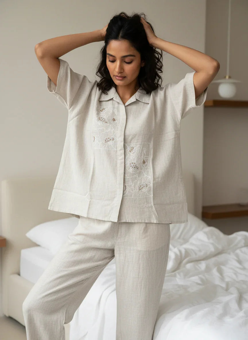 Grey Embroidered Shirt Collar Pure Cotton Night Suit Set for Women - SanskrutiHomes 