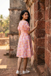 Pink V-Neck Floral Printed Puff Sleeves Cotton A-Line Dress For Women