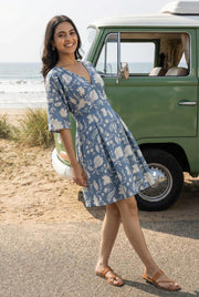 Grey Floral Printed Cotton Pleated Fit & Flare Dress For Women