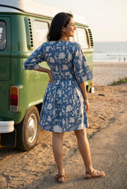 Grey Floral Printed Cotton Pleated Fit & Flare Dress For Women