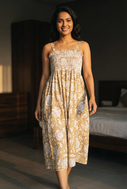 Tan Floral Print Square Neck Cotton Dress For Women