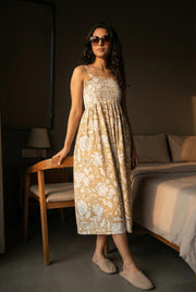 Tan Floral Print Square Neck Cotton Dress For Women
