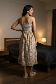Tan Floral Print Square Neck Cotton Dress For Women