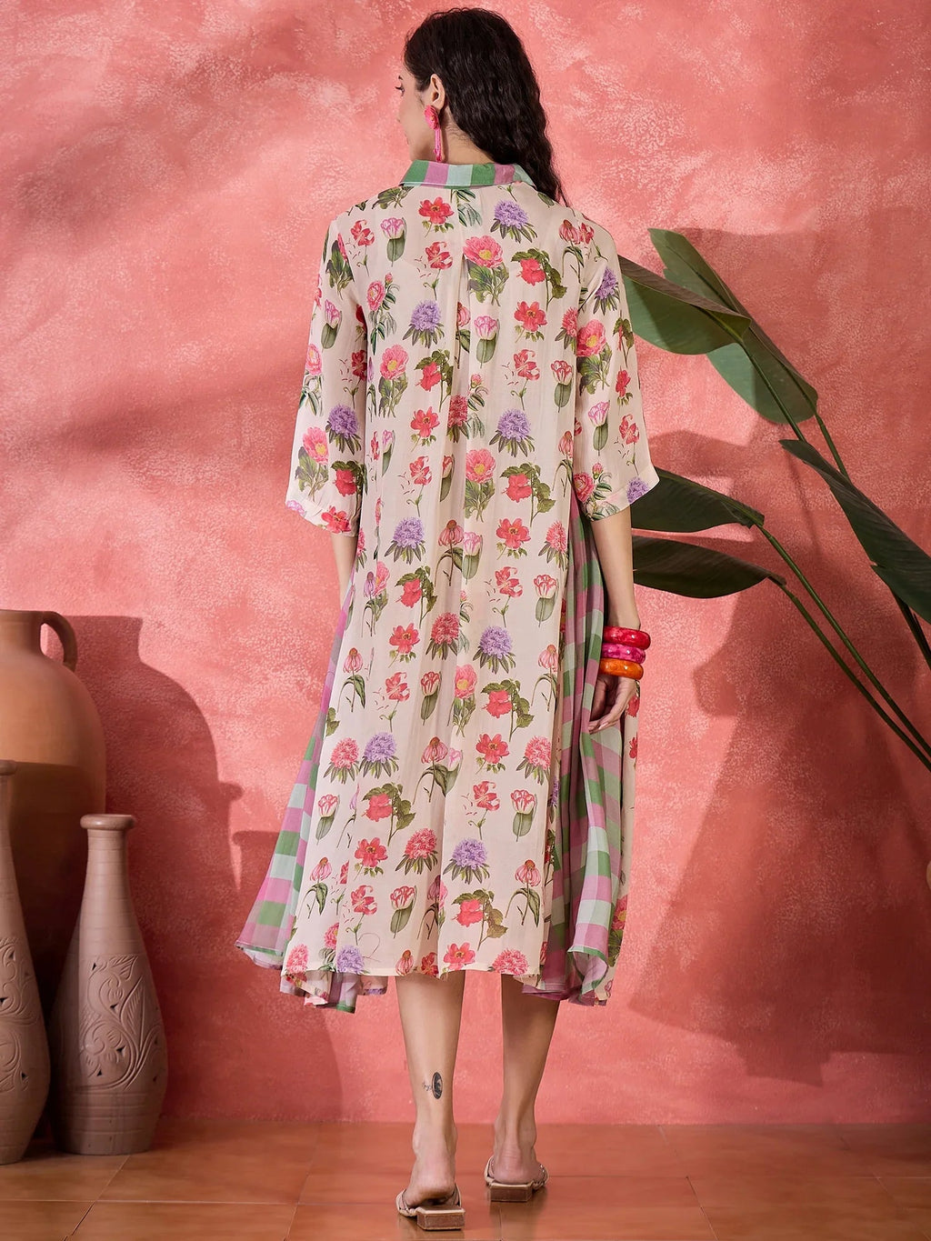 Pink Floral Printed Cotton Dress for Women - SanskrutiHomes 