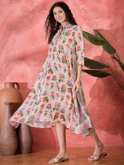 Pink Floral Printed Cotton Dress for Women - SanskrutiHomes 
